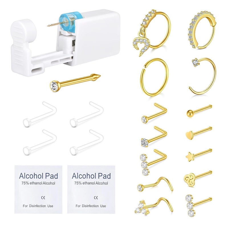 QWALIT Gold Nose Piercing Kit with Disposable Gun and Rings - Image 1